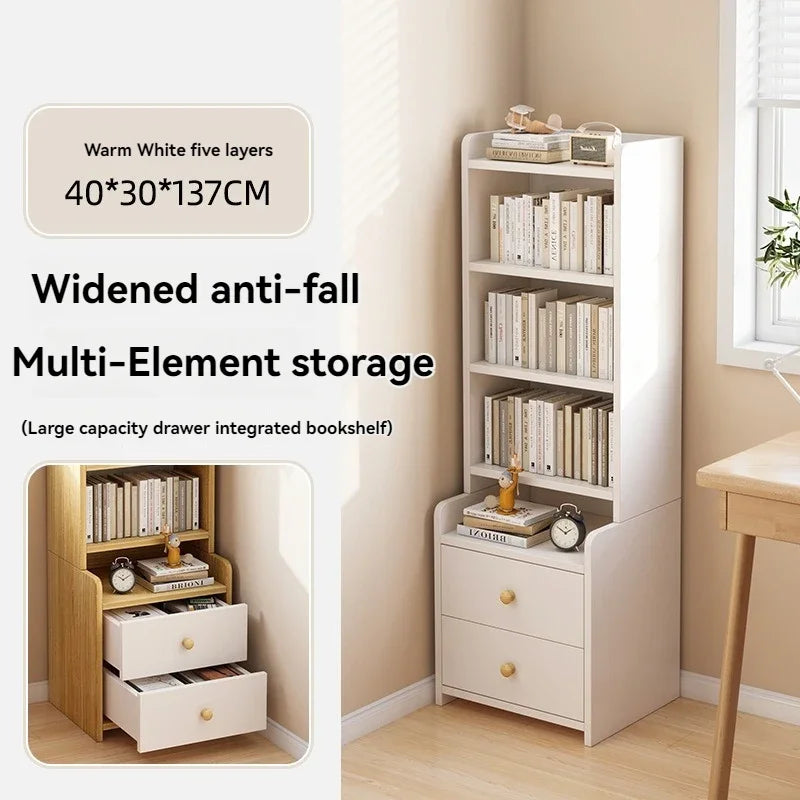 Bibliothèque moderne simple multicouche, support de rangement pour chambre à coucher avec armoire de chevet surélevée, bibliothèque intégrée à tiroir de grande capacité
