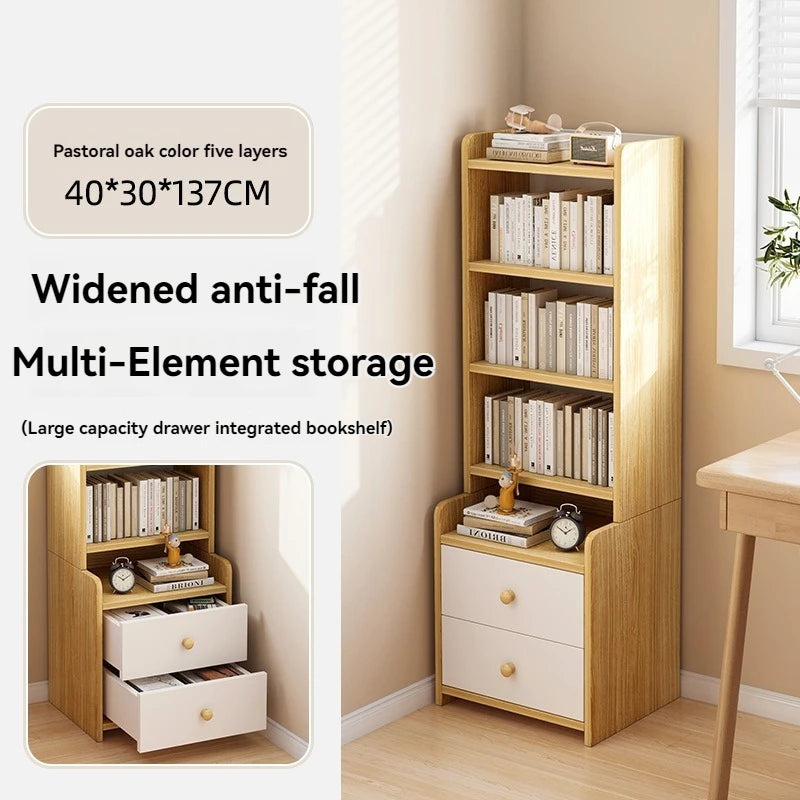 Bibliothèque moderne simple multicouche, support de rangement pour chambre à coucher avec armoire de chevet surélevée, bibliothèque intégrée à tiroir de grande capacité