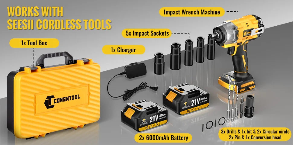 CONENTOOL 21V clé à chocs sans fil 1/2 "pistolet hochet électrique 680Nm avec 2 piles 6000mAh et étui pour la réparation de voiture et le bricolage à domicile