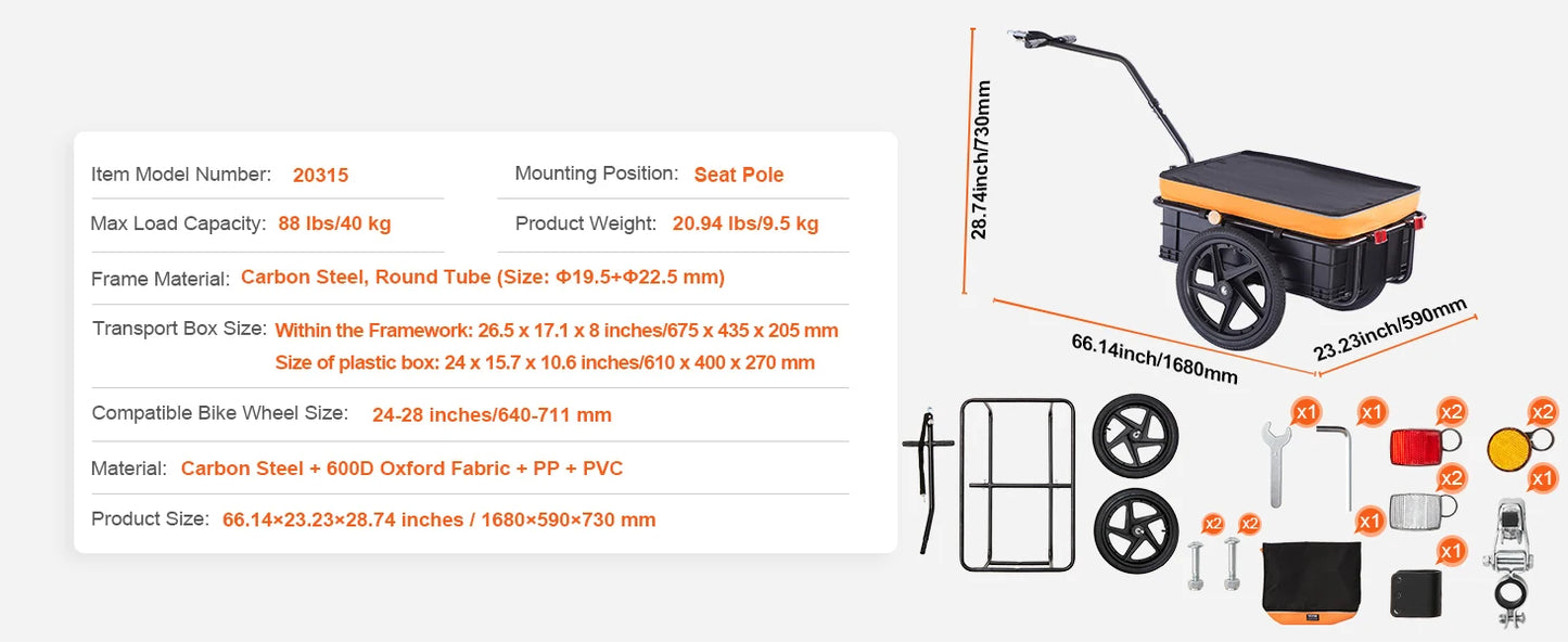 SucceBuy Remorque de chargement de vélo 88 lb Chariot de chariot de vélo de rangement pliable avec roues de 16" et réflecteurs sûrs pour roues de vélo de 24" à 28"