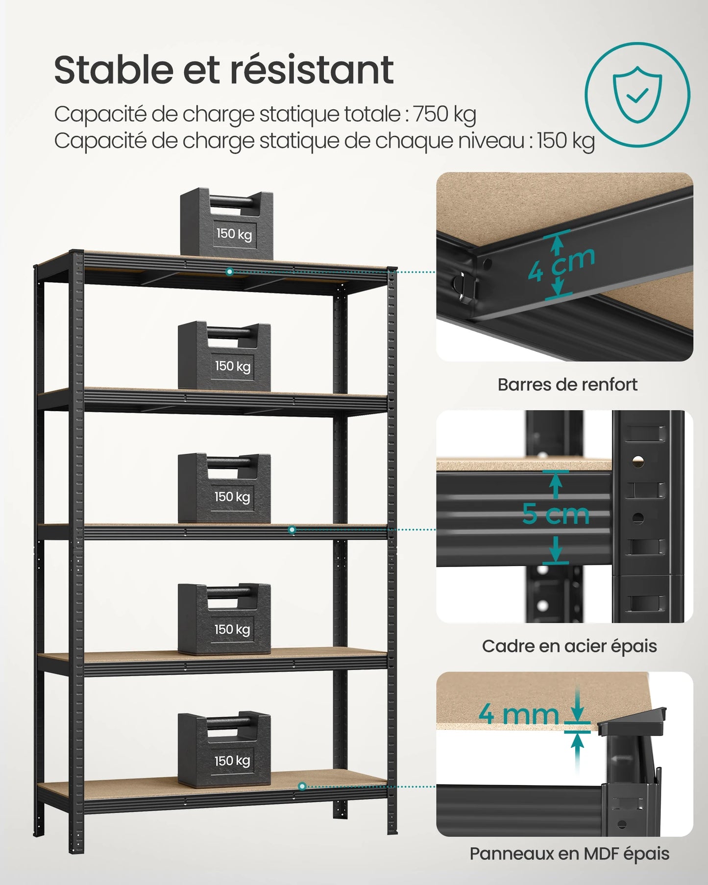 Étagère Charge Lourde à 5 Niveaux, Montage sans Vis, Capacité 750 kg, 60 x 120 x 200 cm