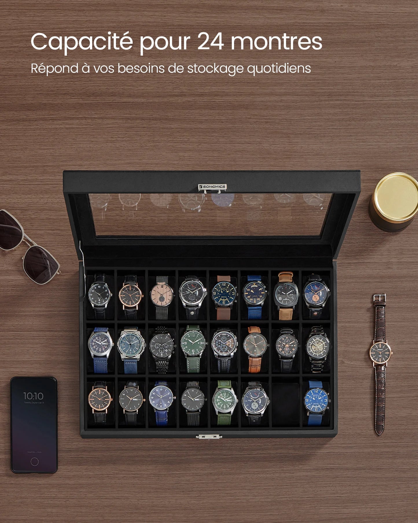 SONGMICS Boîte de rangement verrouillable pour montres avec 24 emplacements, couvercle en verre, cadeau pour vos proches, cuir synthétique noir, doublure noire d'encre