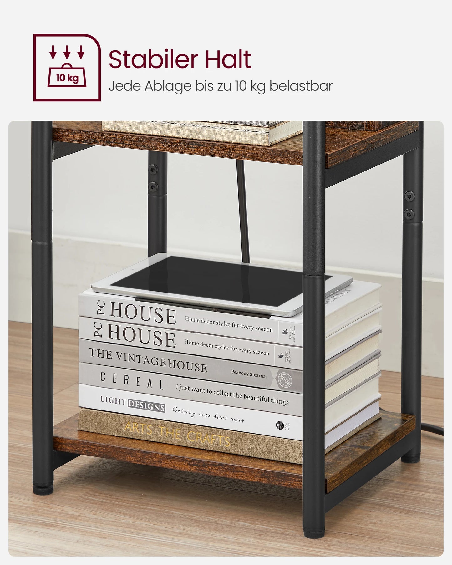 VASAGLE side table, bedside table with socket, narrow, 2 AC ports, 2 USB ports, 30x34x58 cm, for living room