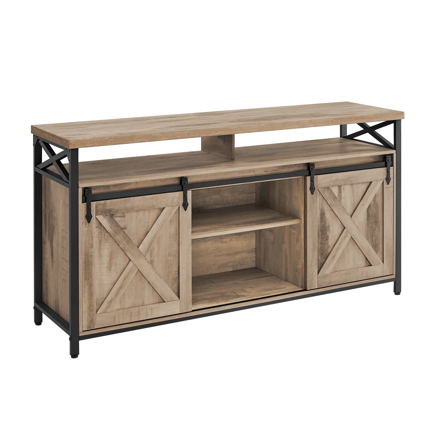 Meuble TV, Support pour Téléviseur Jusqu’à 65 Pouces, avec Étagères Réglables, Portes Imitation Grange, Marron Rustique et Noir
