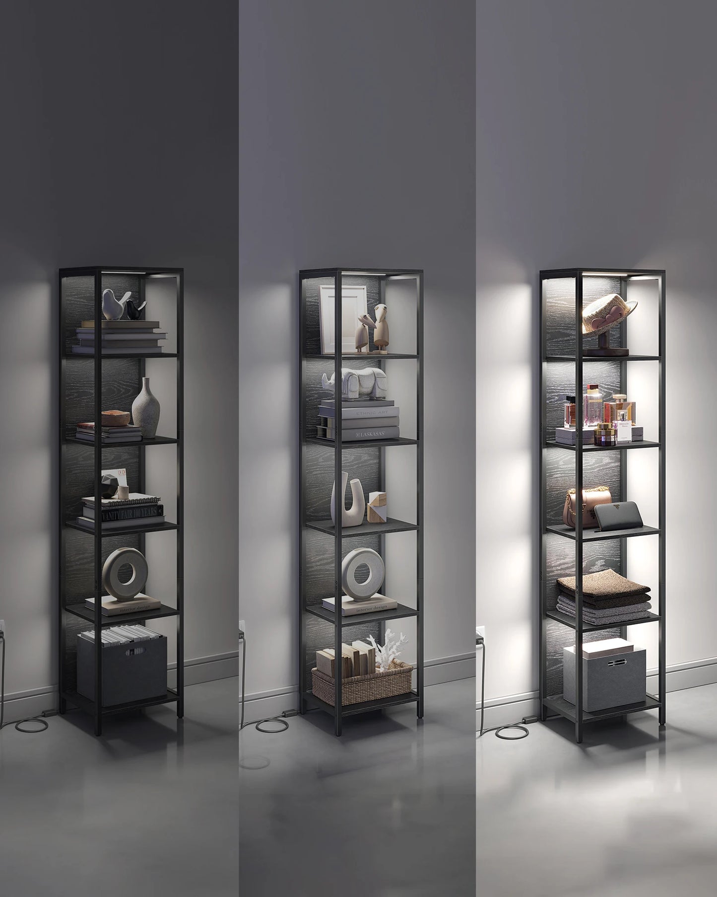 VASAGLE 6-level bookcase with adjustable LED lighting shelf with steel frame 30.3x40x178.6 cm