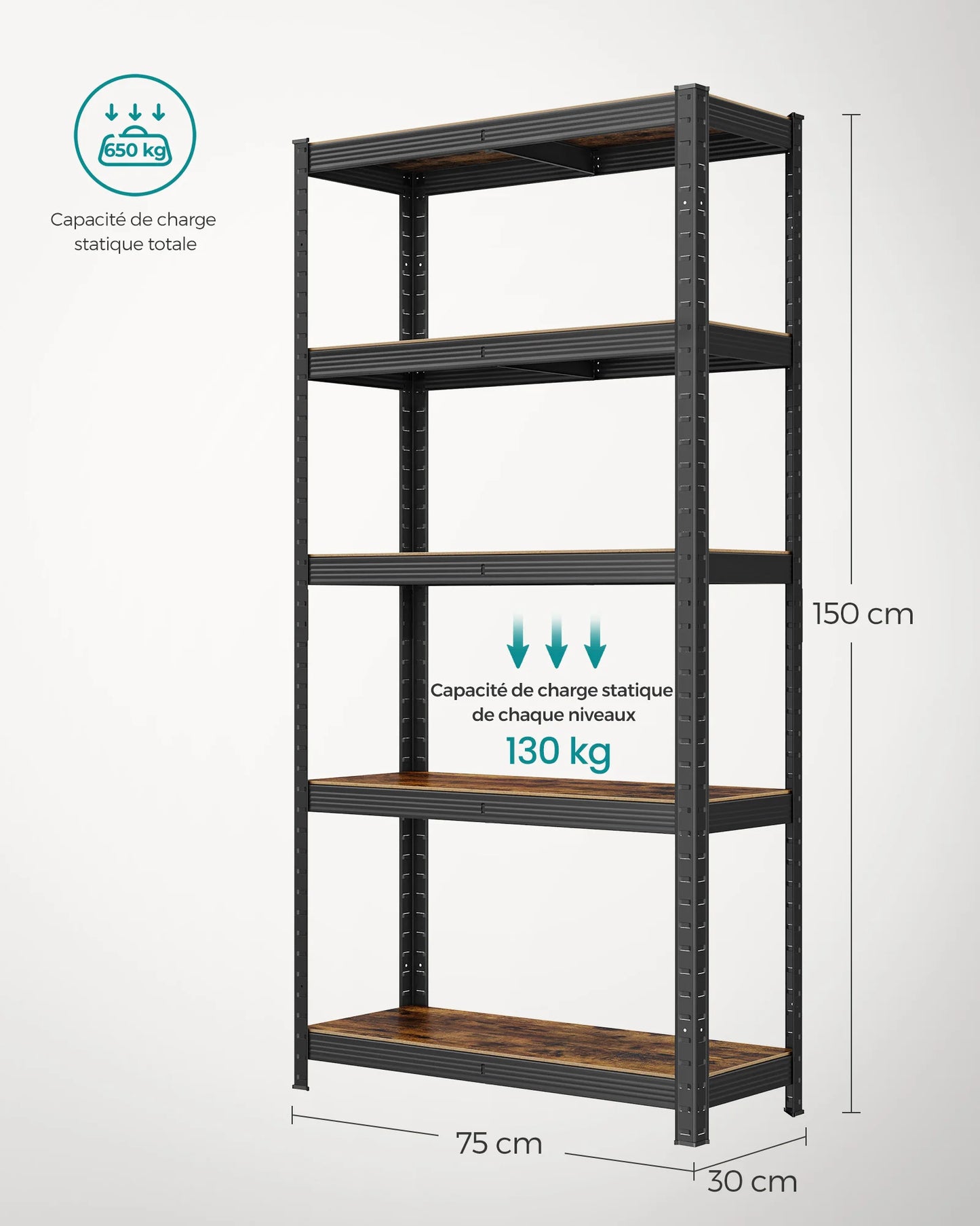 SONGMICS Étagère de Rangement à 5 Niveaux, 30 x 75 x 150 cm, Capacité 650 kg, Planches Réglables, Style Industriel, pour Cuisine, Salon