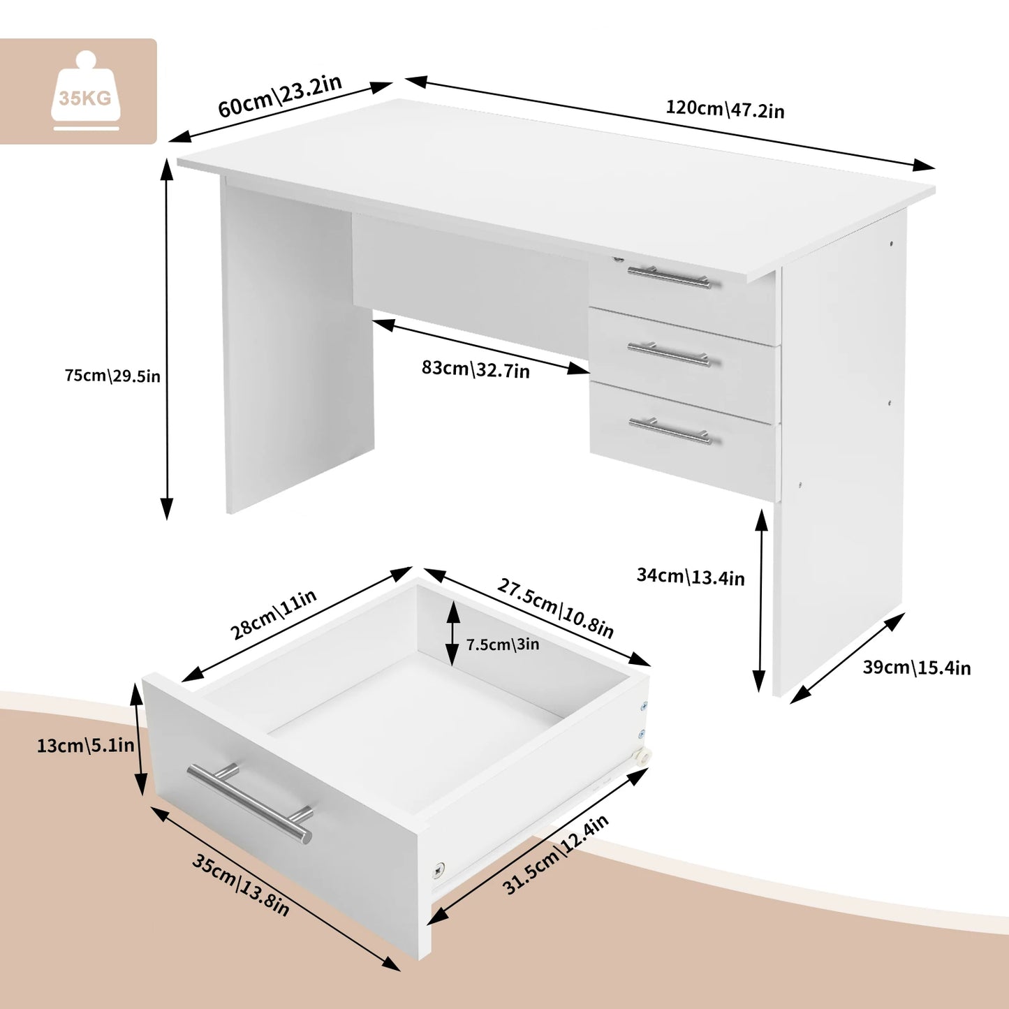 WOLTU Office Computer Desk Black/ White Chipboard Table PC Work Study Table with Lock 3 Drawers for Bedroom Writing Tables
