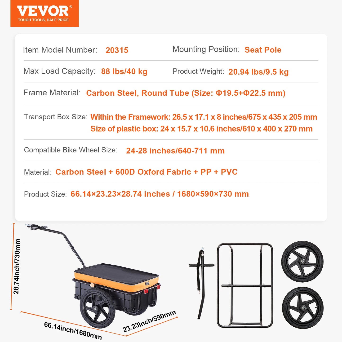 SucceBuy Remorque de chargement de vélo 88 lb Chariot de chariot de vélo de rangement pliable avec roues de 16" et réflecteurs sûrs pour roues de vélo de 24" à 28"
