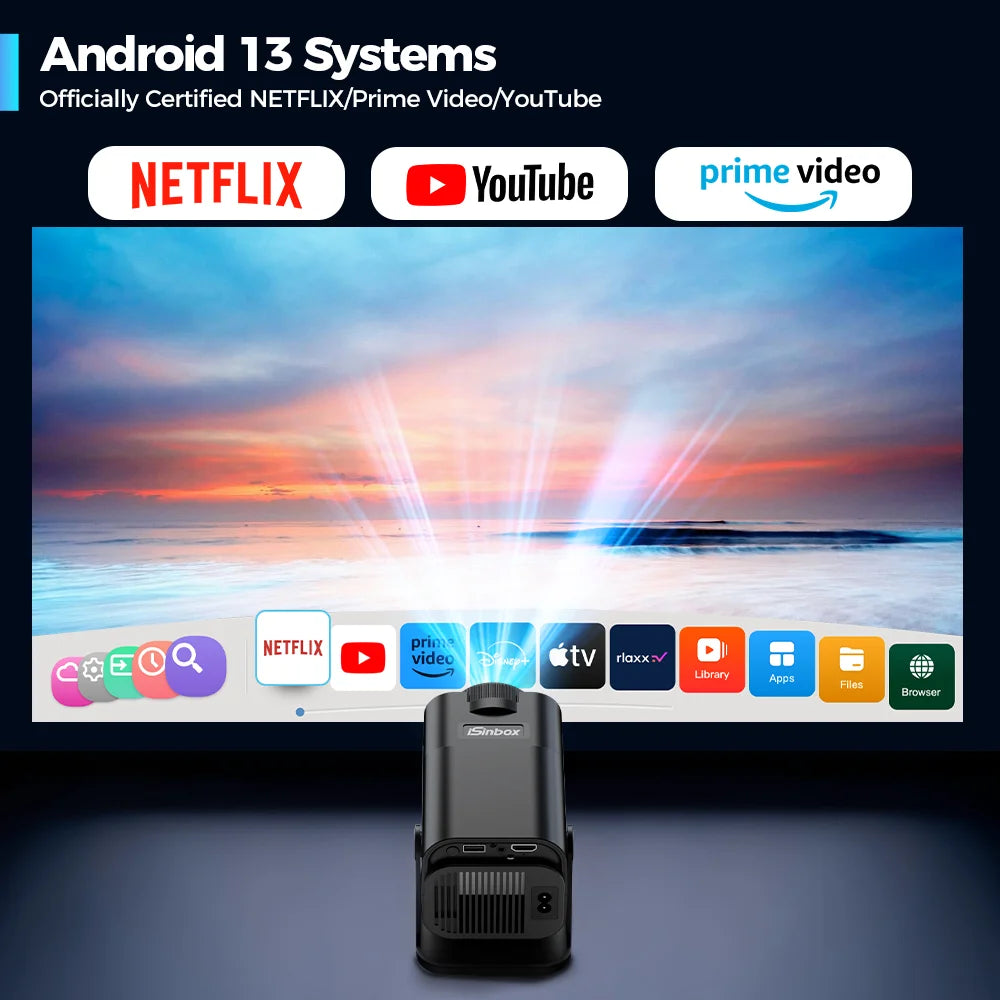 ISinbox-Projecteur portable Android 13 NTV, compatible 4K, 1080 ANSI, pour touristes, Wi-Fi, BT5.3, HY320AA, 320 P