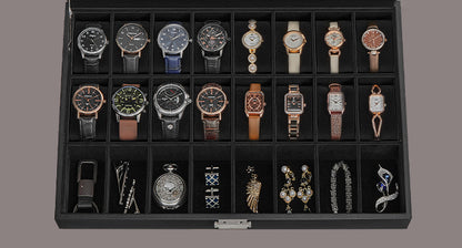 SONGMICS Boîte de rangement verrouillable pour montres avec 24 emplacements, couvercle en verre, cadeau pour vos proches, cuir synthétique noir, doublure noire d'encre