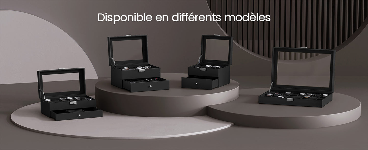 SONGMICS Boîte de rangement verrouillable pour montres avec 24 emplacements, couvercle en verre, cadeau pour vos proches, cuir synthétique noir, doublure noire d'encre