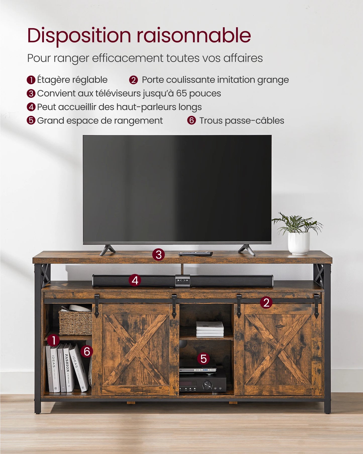 Meuble TV, Support pour Téléviseur Jusqu’à 65 Pouces, avec Étagères Réglables, Portes Imitation Grange, Marron Rustique et Noir