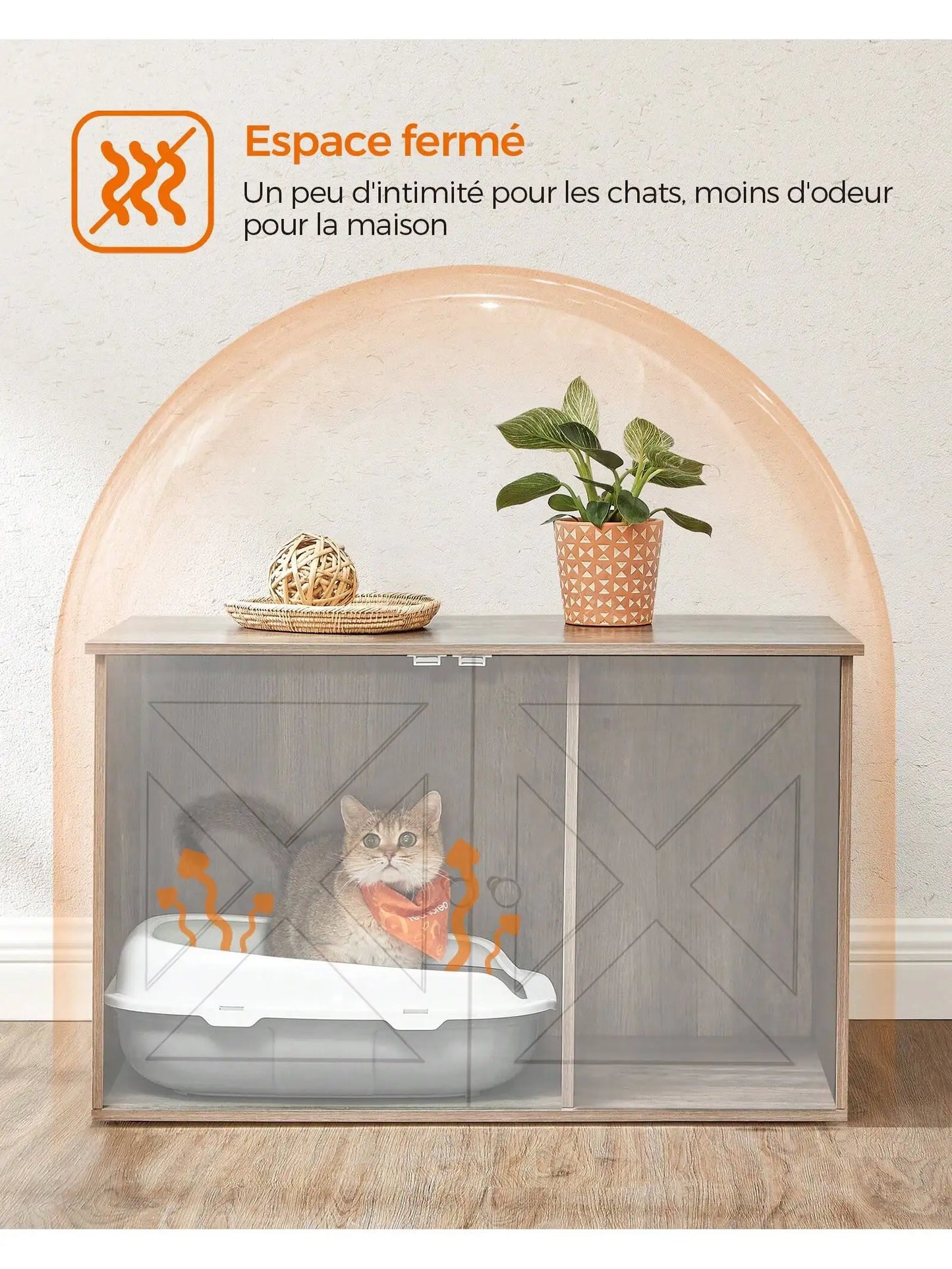 Maison de Toilette Chat - Meuble Litière Chat - avec Séparateur Amovible - Table - Grège