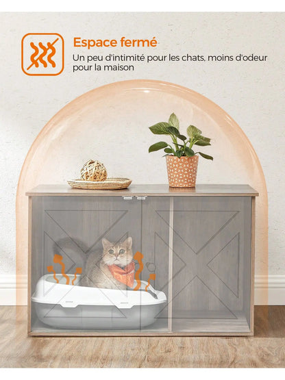 Maison de Toilette Chat - Meuble Litière Chat - avec Séparateur Amovible - Table - Grège