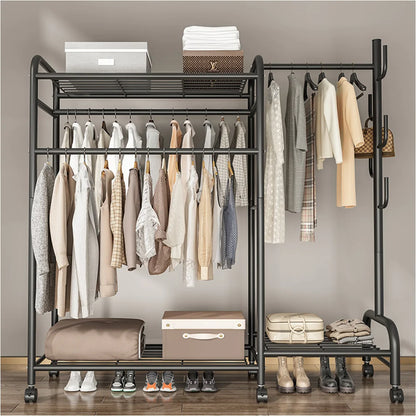 Coat Rack Movable Double Clothes Shelf Clothes Floor-Standing Bedroom Wheeled Floor Hangers Storage Coat Rack Clothes Racks