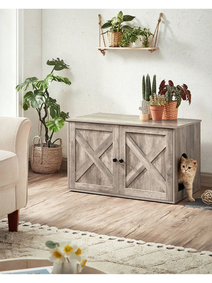 Maison de Toilette Chat - Meuble Litière Chat - avec Séparateur Amovible - Table - Grège