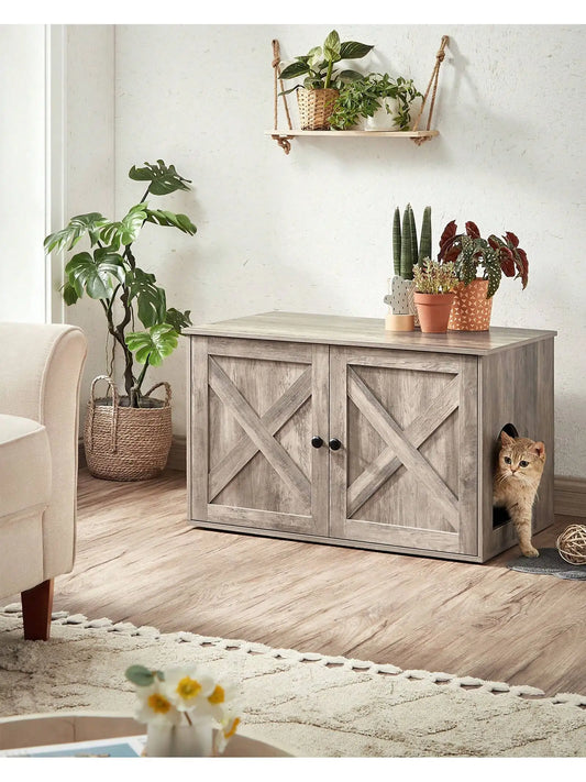 Maison de Toilette Chat - Meuble Litière Chat - avec Séparateur Amovible - Table - Grège