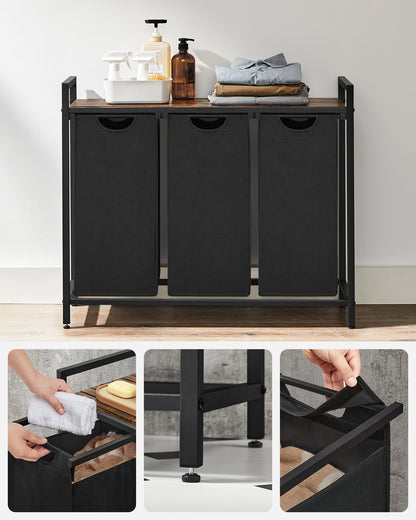 VASAGLE Laundry Basket, 3-Compartment Laundry Hamper, Pull-Out and Removable Laundry Bags, Laundry Sorter, Shelf, Metal Frame