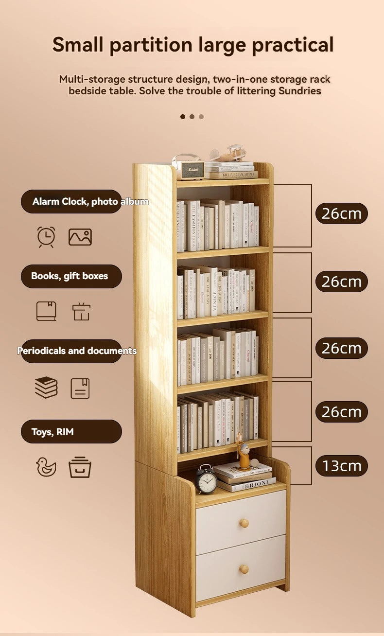Bibliothèque moderne simple multicouche, support de rangement pour chambre à coucher avec armoire de chevet surélevée, bibliothèque intégrée à tiroir de grande capacité