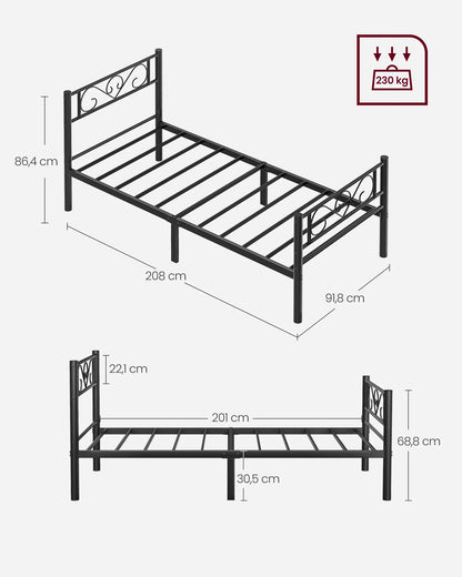 VASAGLE Single Bed Frame, Metal Bed Frame, Fits 90 x 190 cm Mattress, Easy Assembly, for Small Spaces, Guest Room, Black