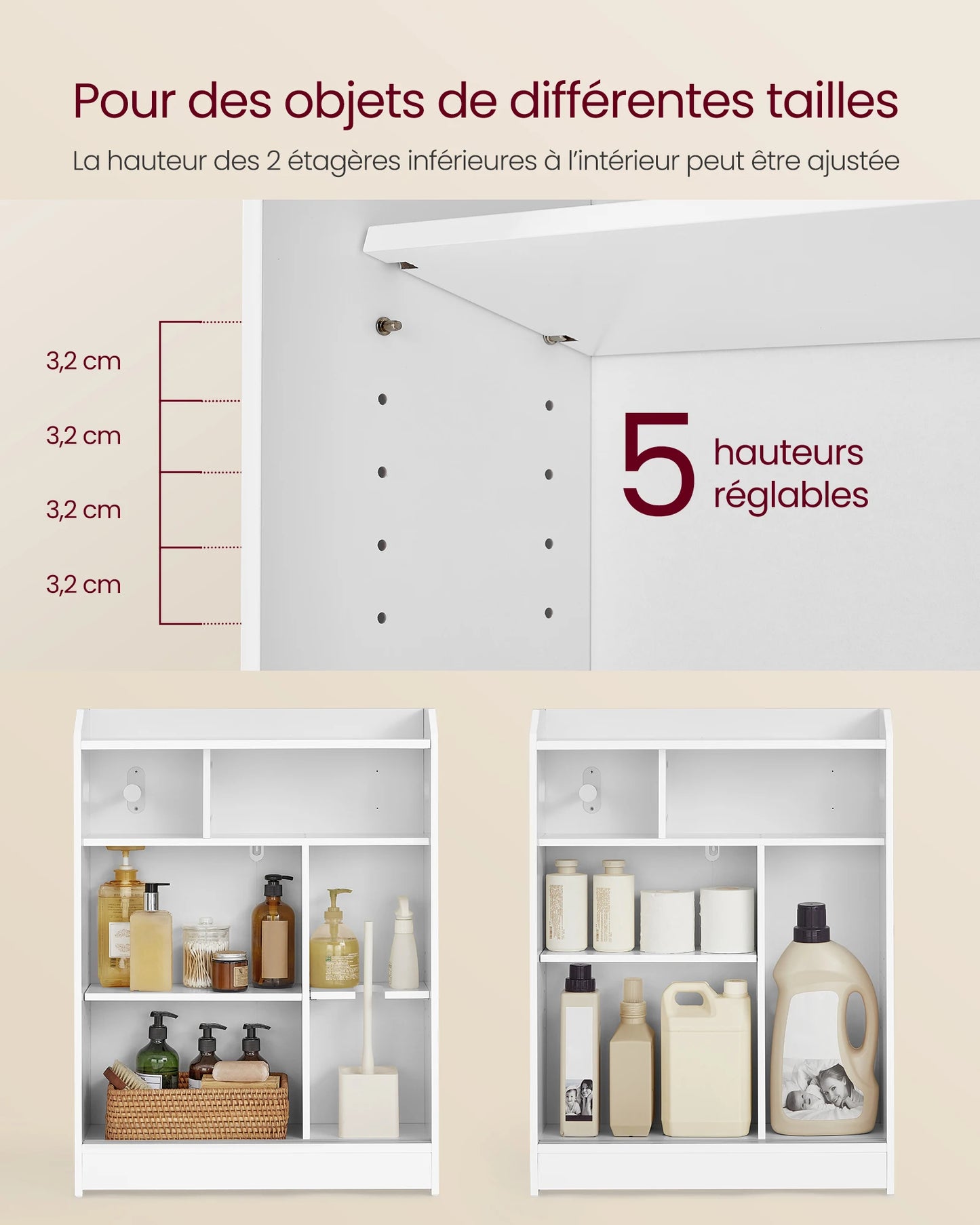 Toilet Cabinet, Toilet Paper Storage, Sliding Doors, Adjustable Shelves, 20 x 60 x 80 cm, Cloud White