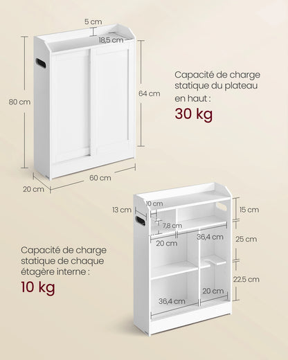 Toilet Cabinet, Toilet Paper Storage, Sliding Doors, Adjustable Shelves, 20 x 60 x 80 cm, Cloud White