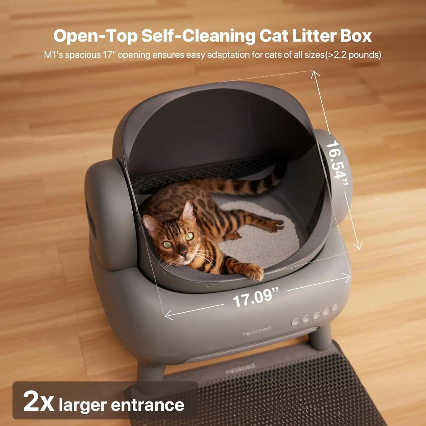 Neakasa – bac à litière au-dessus ouvert, toilettes autonettoyantes pour chat, tapis de litière pour chat de grande capacité pour plusieurs chats
