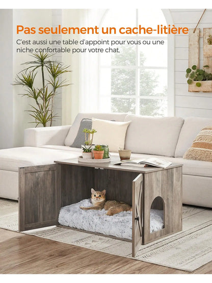 Maison de Toilette Chat - Meuble Litière Chat - avec Séparateur Amovible - Table - Grège