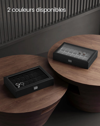 SONGMICS Boîte de rangement verrouillable pour montres avec 24 emplacements, couvercle en verre, cadeau pour vos proches, cuir synthétique noir, doublure noire d'encre
