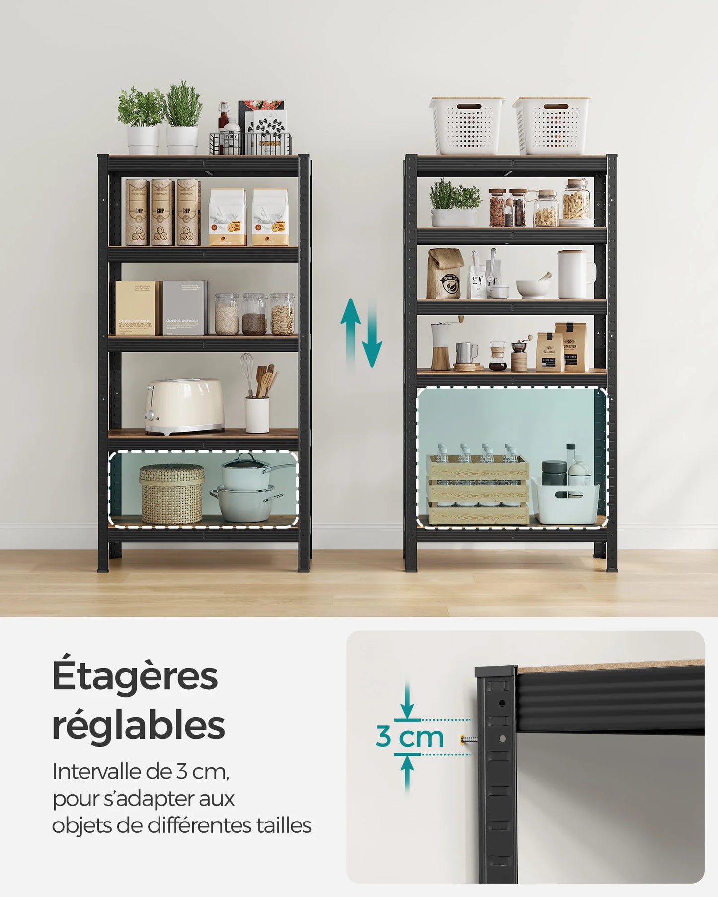 SONGMICS Étagère de Rangement à 5 Niveaux, 30 x 75 x 150 cm, Capacité 650 kg, Planches Réglables, Style Industriel, pour Cuisine, Salon