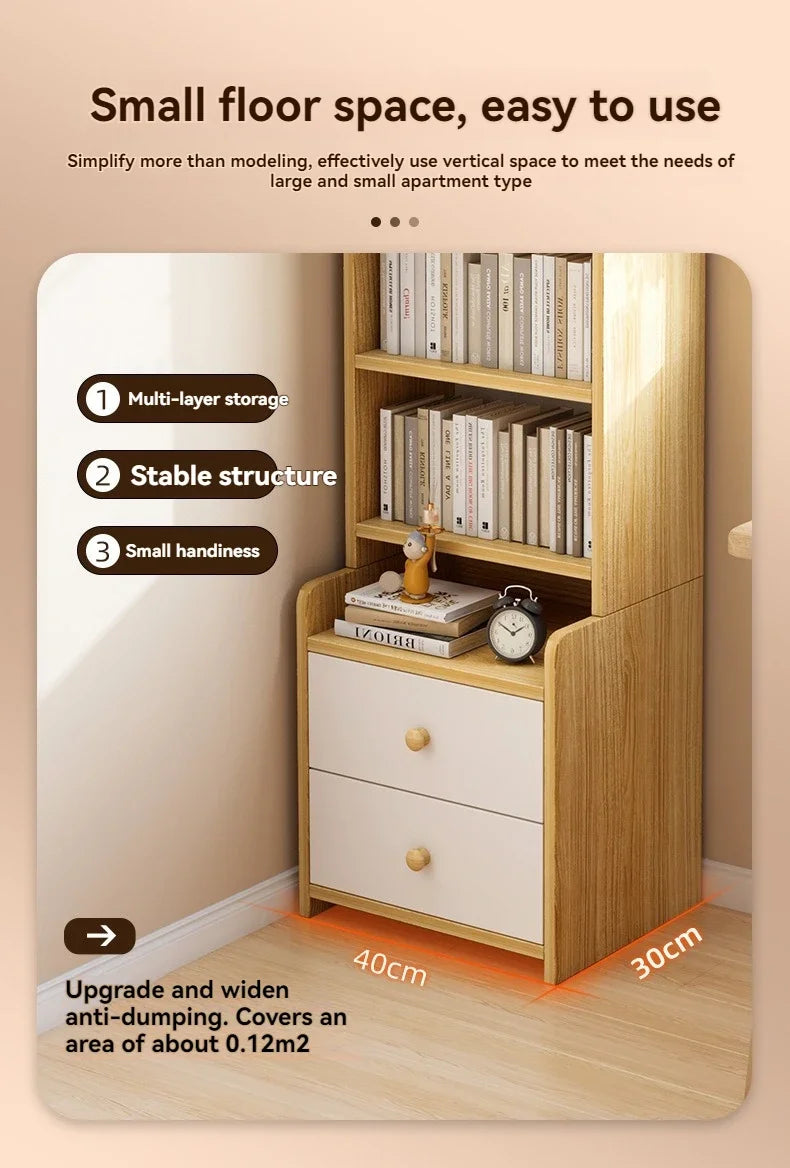 Bibliothèque moderne simple multicouche, support de rangement pour chambre à coucher avec armoire de chevet surélevée, bibliothèque intégrée à tiroir de grande capacité