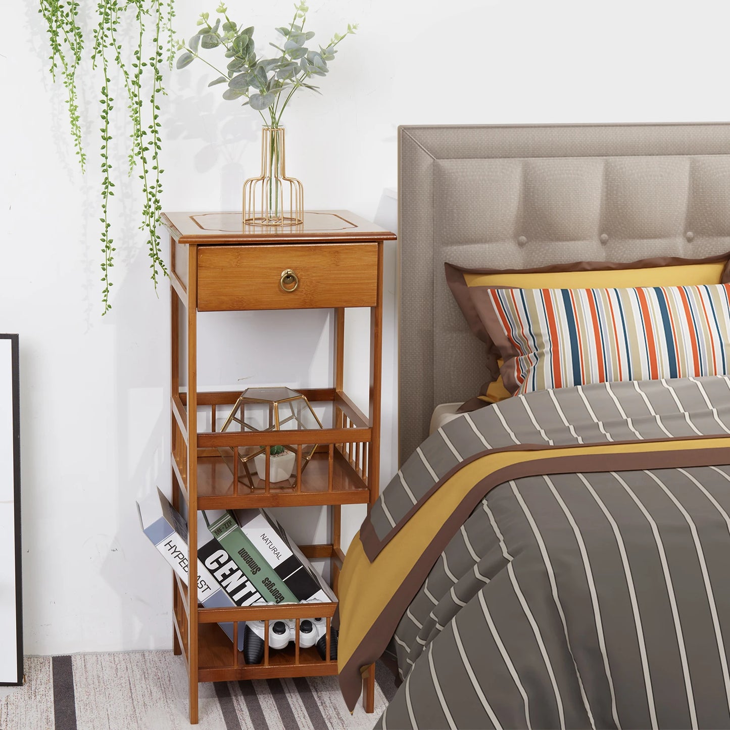 2-Tier Retro Bedside Table Bamboo Sofa Coffee End Table with Drawer Plant Display Storage Shelf Unit