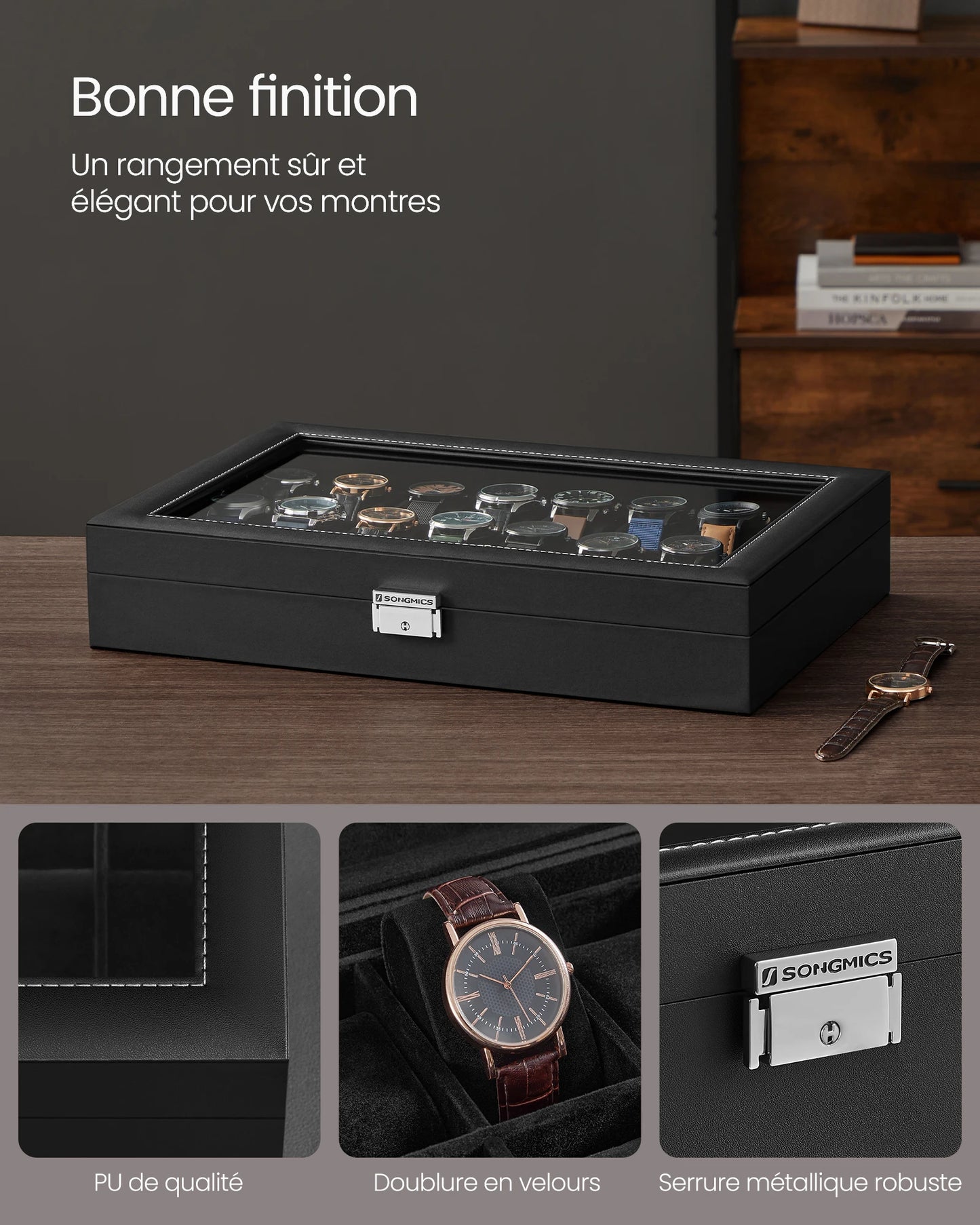 SONGMICS Boîte de rangement verrouillable pour montres avec 24 emplacements, couvercle en verre, cadeau pour vos proches, cuir synthétique noir, doublure noire d'encre