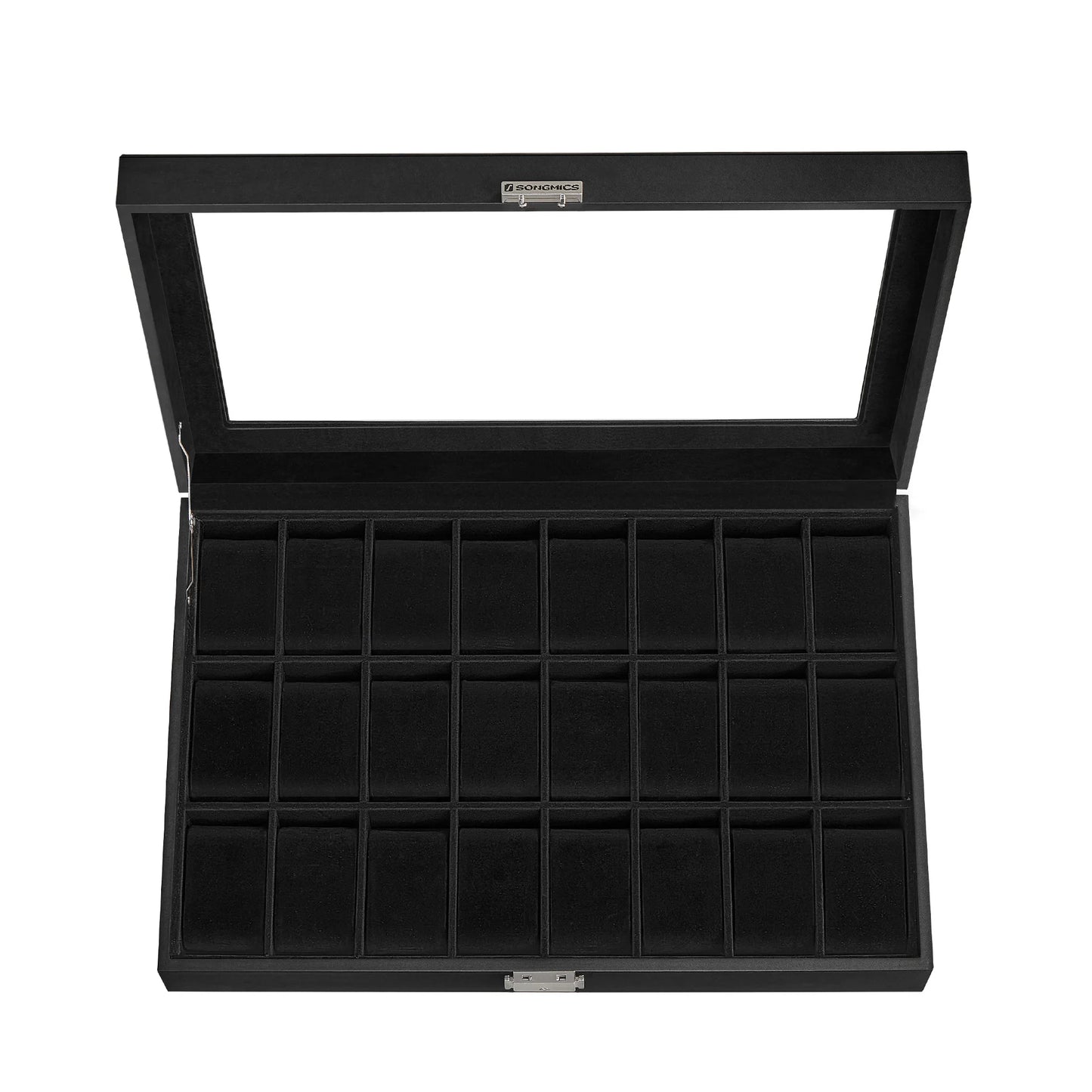 SONGMICS Boîte de rangement verrouillable pour montres avec 24 emplacements, couvercle en verre, cadeau pour vos proches, cuir synthétique noir, doublure noire d'encre