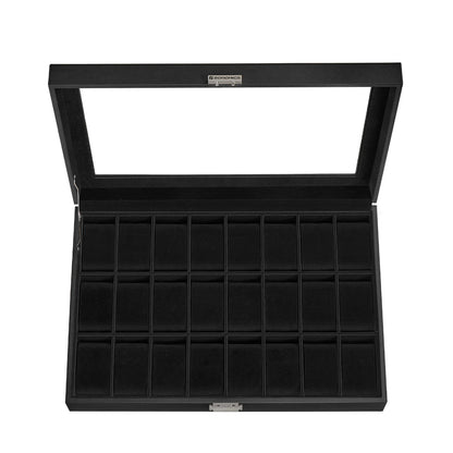 SONGMICS Boîte de rangement verrouillable pour montres avec 24 emplacements, couvercle en verre, cadeau pour vos proches, cuir synthétique noir, doublure noire d'encre