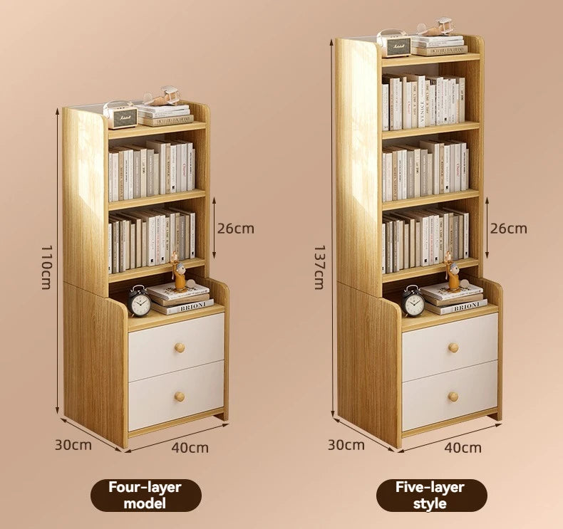 Bibliothèque moderne simple multicouche, support de rangement pour chambre à coucher avec armoire de chevet surélevée, bibliothèque intégrée à tiroir de grande capacité