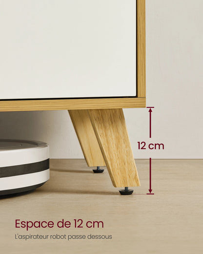 Meuble TV 2 Portes, Longueur 140 cm, pour Téléviseurs 60 Pouces, Salon, Salle à Manger, Chambre, Chêne Naturel et Blanc Crème