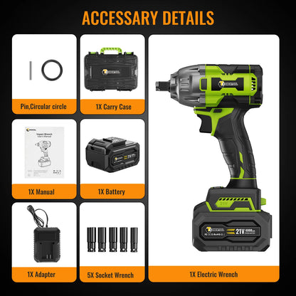 CONENTOOL Clé à Chocs Sans Fil 21V, Moteur Brushless 1/2”, Batterie Lithium 6000mAh, 520Nm de Couple pour Réparations de Voitures et Bricolage à la Maison