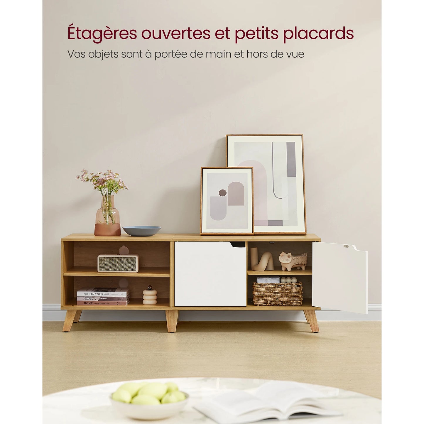 Meuble TV 2 Portes, Longueur 140 cm, pour Téléviseurs 60 Pouces, Salon, Salle à Manger, Chambre, Chêne Naturel et Blanc Crème