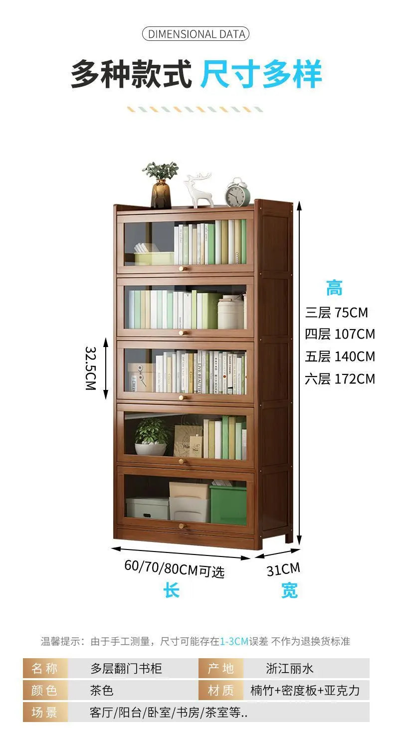 Bibliothèque moderne en bambou, armoire de rangement avec portes rabattables, bibliothèque à 4/5/6 niveaux pour salon, chambre à coucher, bureau