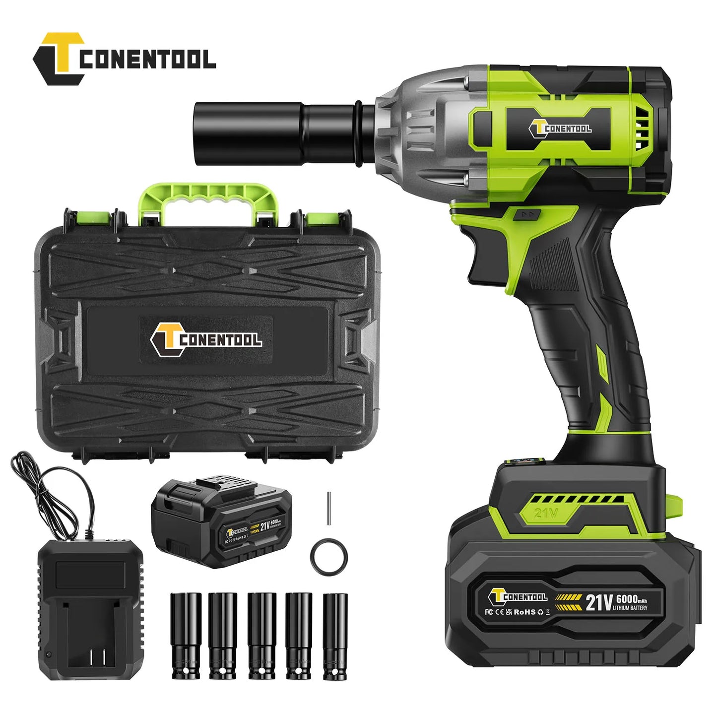 CONENTOOL Clé à Chocs Sans Fil 21V, Moteur Brushless 1/2”, Batterie Lithium 6000mAh, 520Nm de Couple pour Réparations de Voitures et Bricolage à la Maison