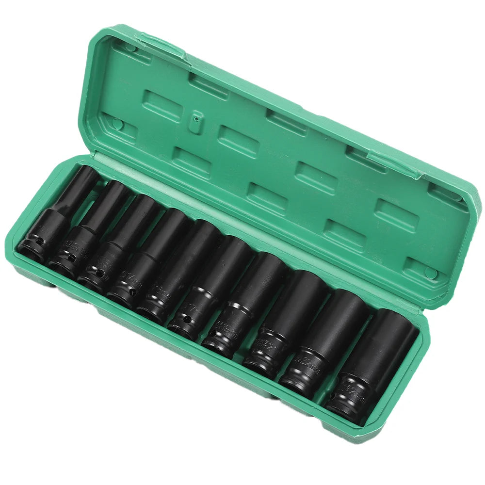 10pcs Impact Socket Set 1/2” Metric Spanner Drive Deep Sockets 10-24mm Pneumatic Wrench Head Tire Removal Tools