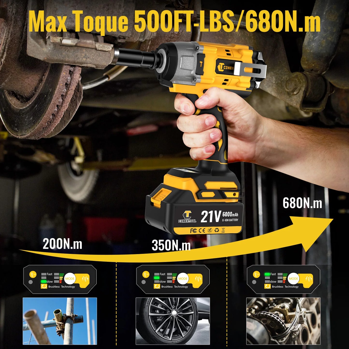 CONENTOOL 21V clé à chocs sans fil 1/2 "pistolet hochet électrique 680Nm avec 2 piles 6000mAh et étui pour la réparation de voiture et le bricolage à domicile