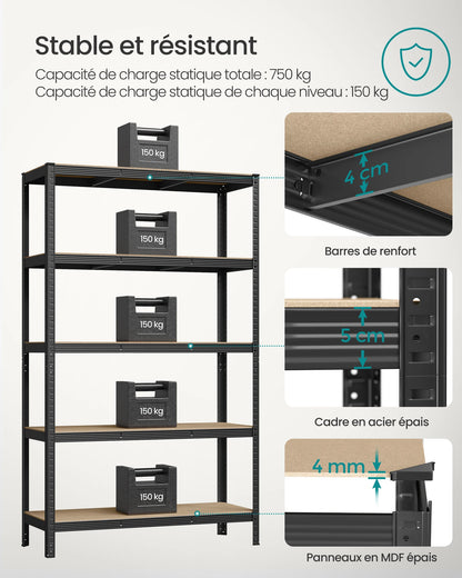 Étagère Charge Lourde à 5 Niveaux, Montage sans Vis,  Capacité 750 kg, 60 x 120 x 200 cm
