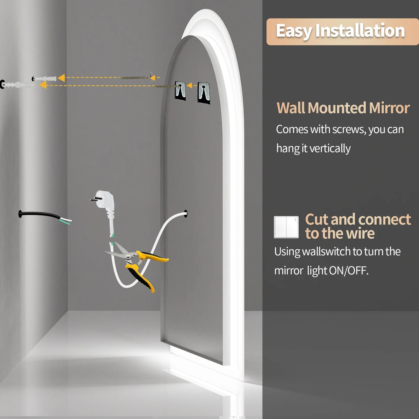 Miroir HOMirror LED en forme d'arc vertical, rétro4.2 sans cadre, antifAustin, affichage de l'heure et de la température, 60x90cm