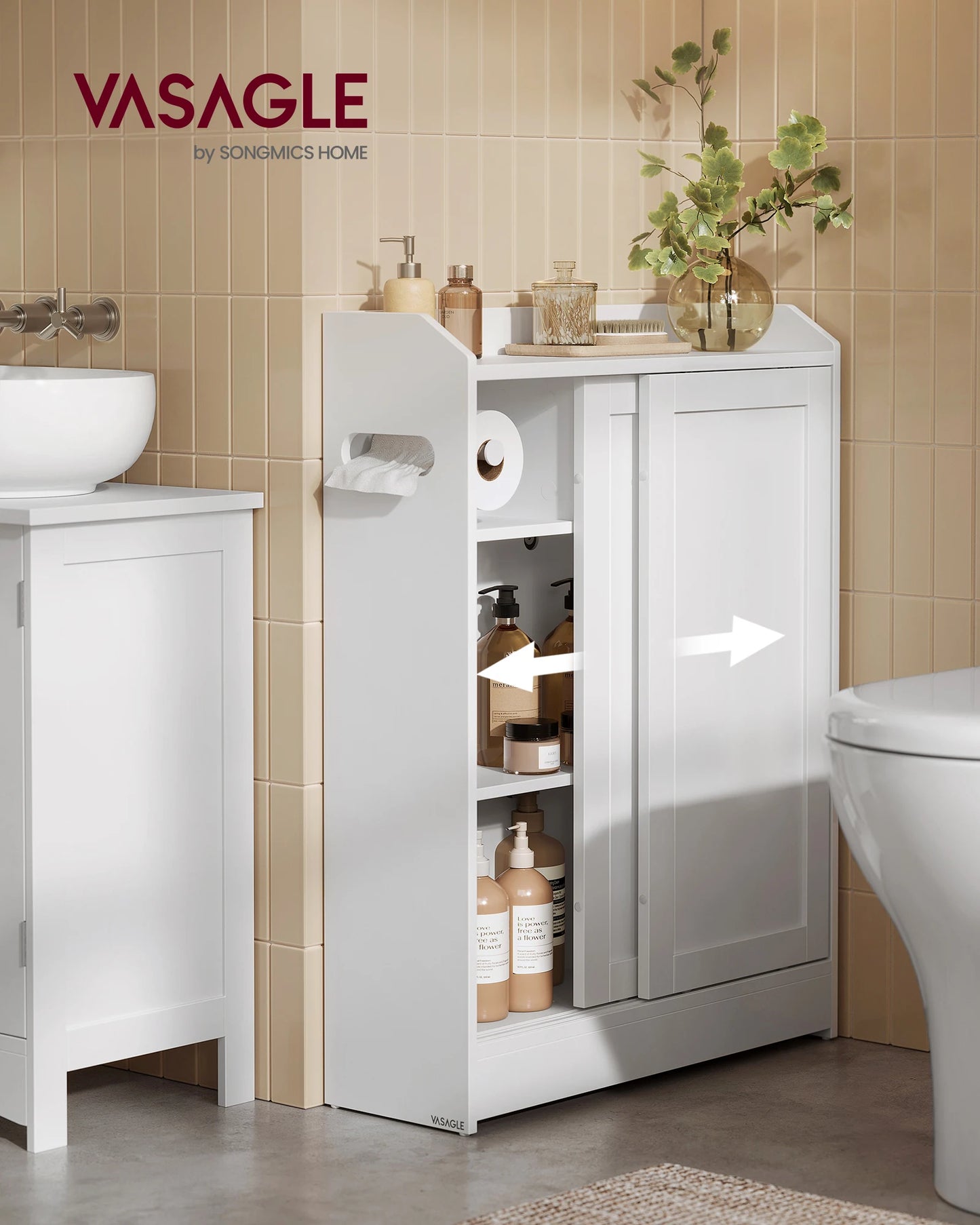 Toilet Cabinet, Toilet Paper Storage, Sliding Doors, Adjustable Shelves, 20 x 60 x 80 cm, Cloud White