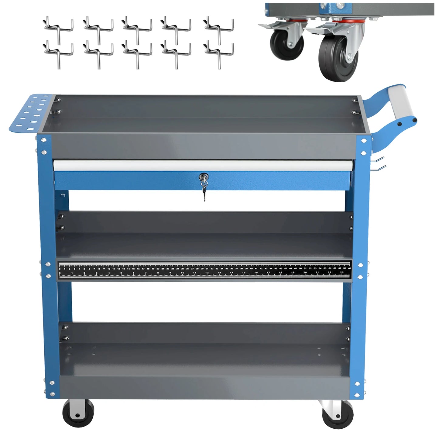 AIRAJ Chariot à outils roulant à 3 niveaux, chariot à outils mécanique sur roulettes, chariot de rangement d'outils d'une capacité de 440 lb pour garage, entrepôt, bleu