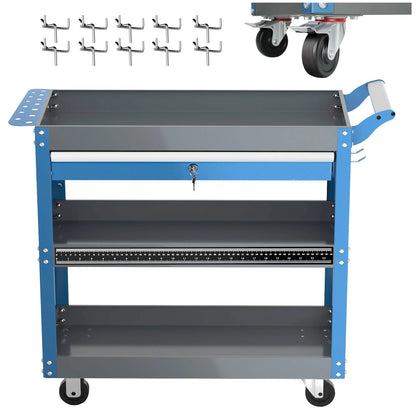 AIRAJ Chariot à outils roulant à 3 niveaux, chariot à outils mécanique sur roulettes, chariot de rangement d'outils d'une capacité de 440 lb pour garage, entrepôt, bleu