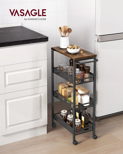 VASAGLE 4-Tier Trolley, Space-Saving Kitchen Cart with Wheels, Steel Frame, Handle, Trolley for Small Spaces, 22 x 45.5 x 77 cm