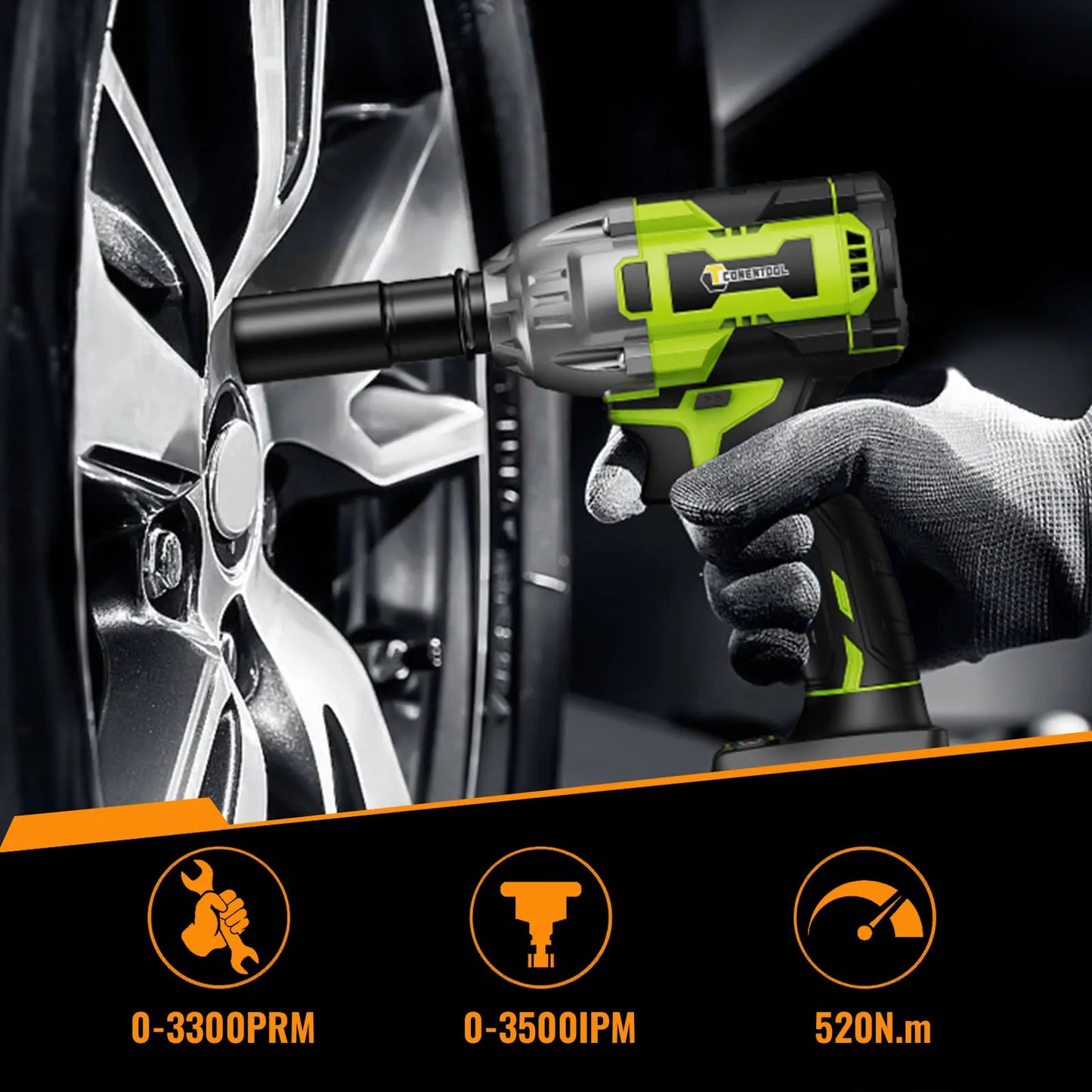 CONENTOOL Clé à Chocs Sans Fil 21V, Moteur Brushless 1/2”, Batterie Lithium 6000mAh, 520Nm de Couple pour Réparations de Voitures et Bricolage à la Maison